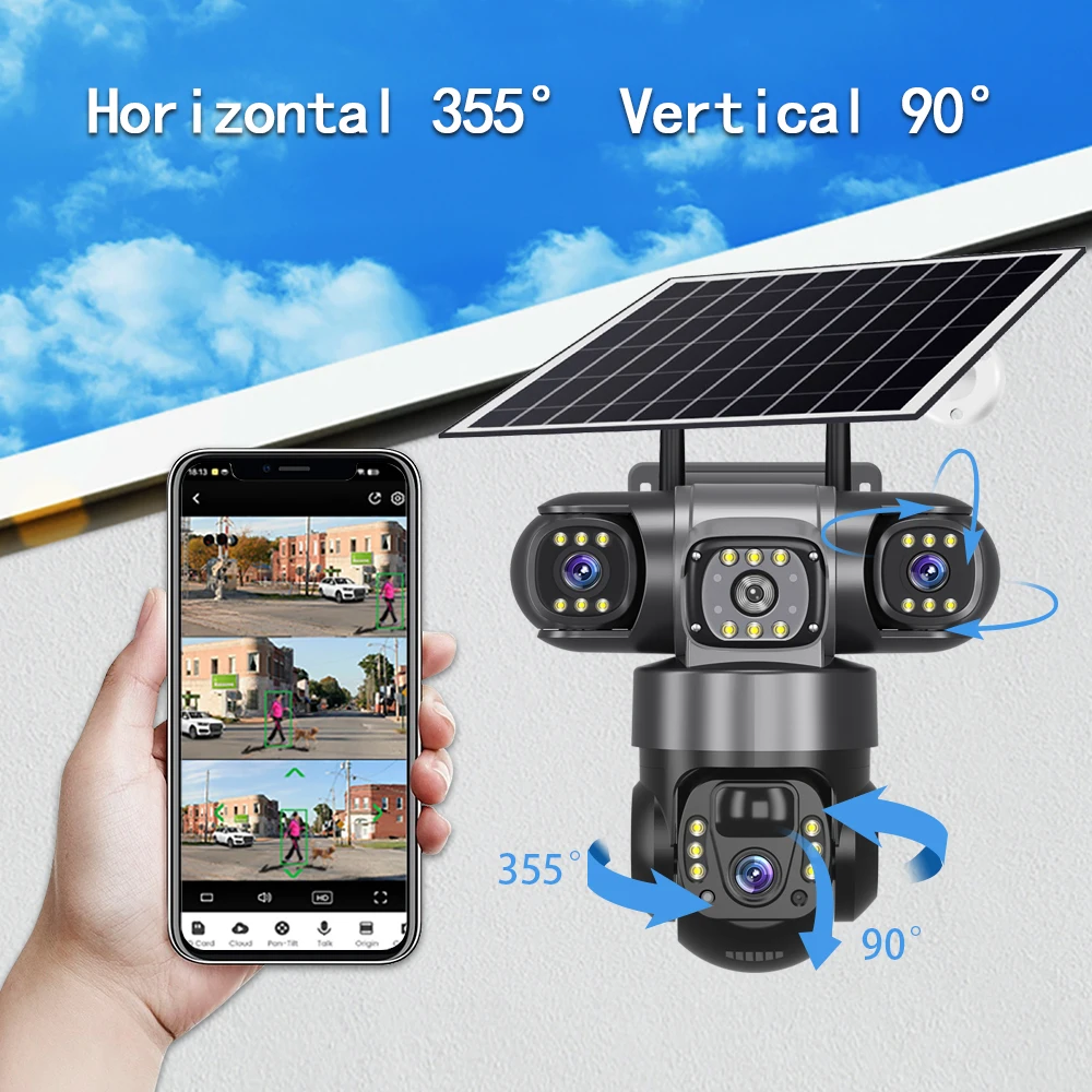 V380PRO 3 Lens WiFi Solar Camera 15MP 360 Outdoor Waterproof CCTV Night Vision Two-Way Audio Camera Mobile Tracking 4G IP Camera