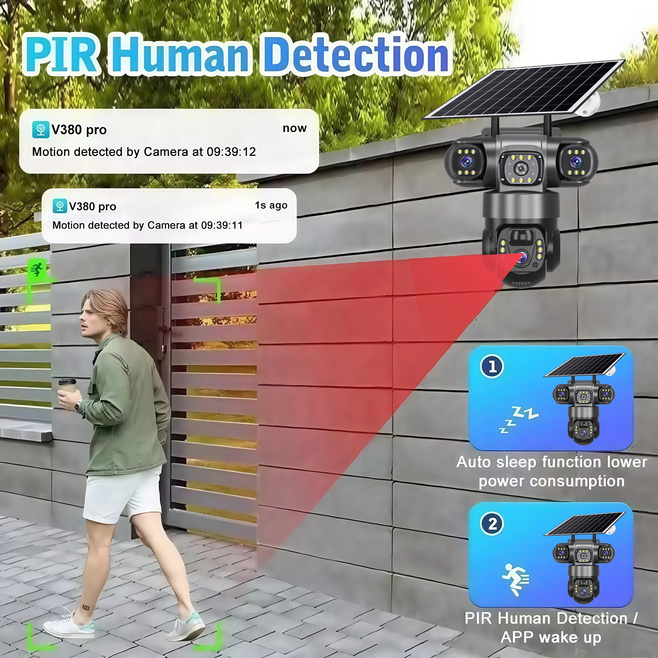 V380PRO 3 Lens WiFi Solar Camera 15MP 360 Outdoor Waterproof CCTV Night Vision Two-Way Audio Camera Mobile Tracking 4G IP Camera