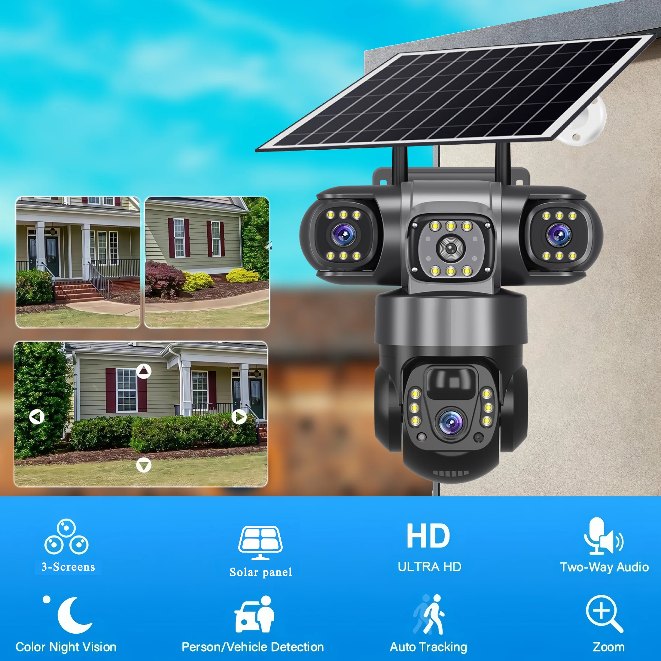 V380PRO 3 Lens WiFi Solar Camera 15MP 360 Outdoor Waterproof CCTV Night Vision Two-Way Audio Camera Mobile Tracking 4G IP Camera