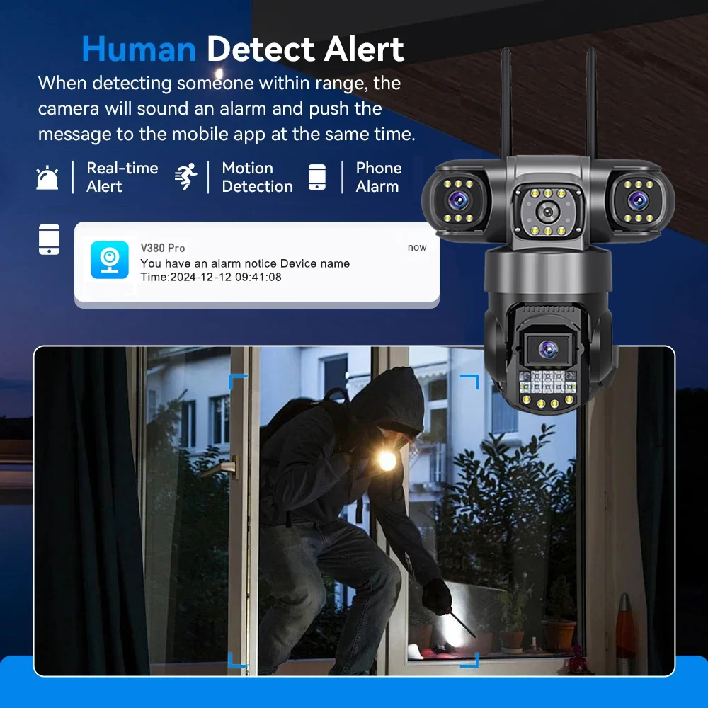 V380 Pro WiFi IP Camera Outdoor 12MP 6K Triple Lenses Triple Screens Security Video Monitor Night Vision Waterproof CCTV Cameras