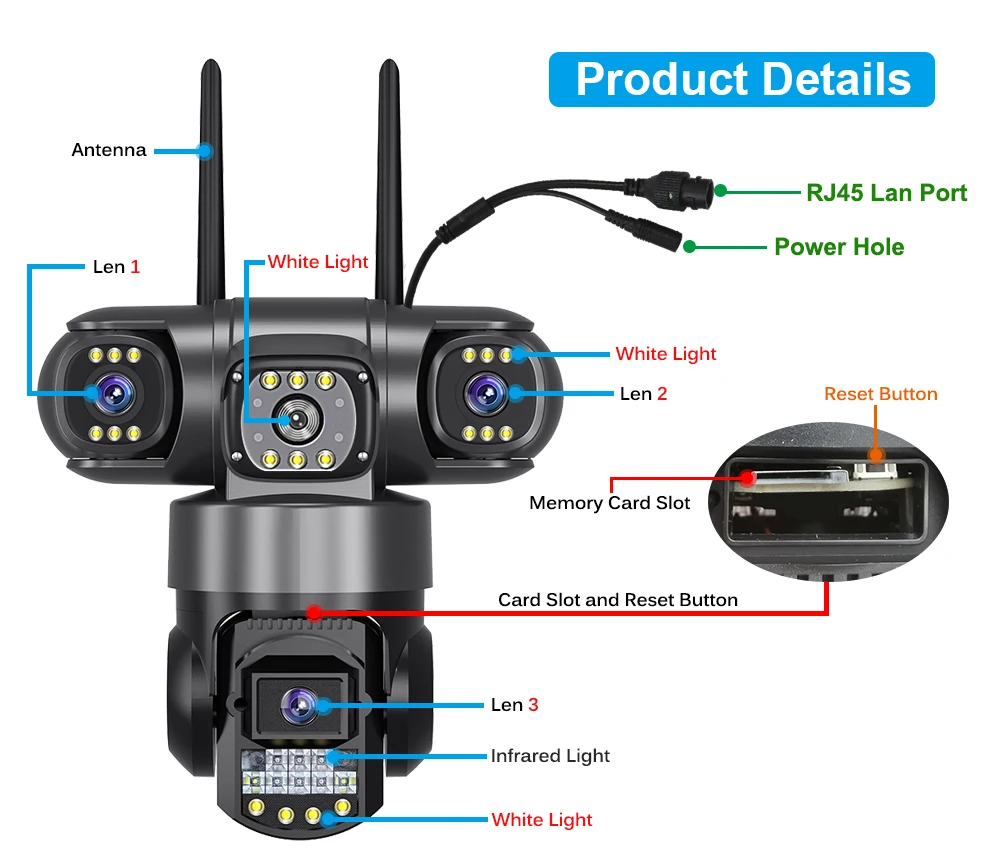 V380 Pro WiFi IP Camera Outdoor 12MP 6K Triple Lenses Triple Screens Security Video Monitor Night Vision Waterproof CCTV Cameras