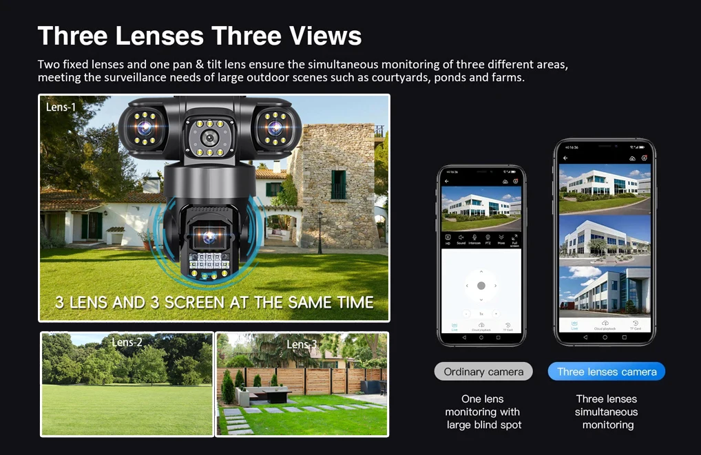 V380 Pro WiFi IP Camera Outdoor 12MP 6K Triple Lenses Triple Screens Security Video Monitor Night Vision Waterproof CCTV Cameras