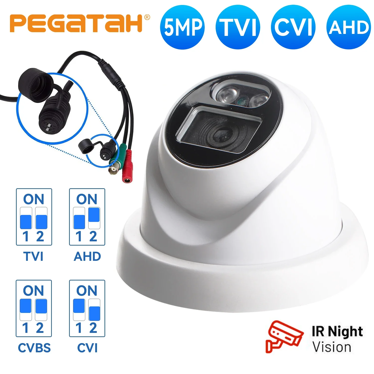 PEGATAH Outdoor Dome Security Camera 5MP AHD/TVI/CVI/CVBS 4-in-1 HD Analog Camera 10-15m IR & Weatherproof With DIP switch