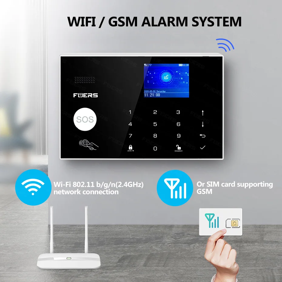 FUERS WIFI GSM Alarm System Wireless Home Burglar Security Alarm System Tuya APP Control Siren Motion Detector PIR Smoke Sensor
