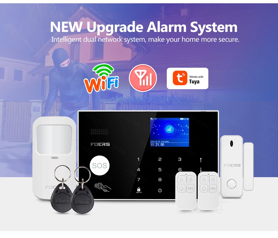 FUERS WIFI GSM Alarm System Wireless Home Burglar Security Alarm System Tuya APP Control Siren Motion Detector PIR Smoke Sensor