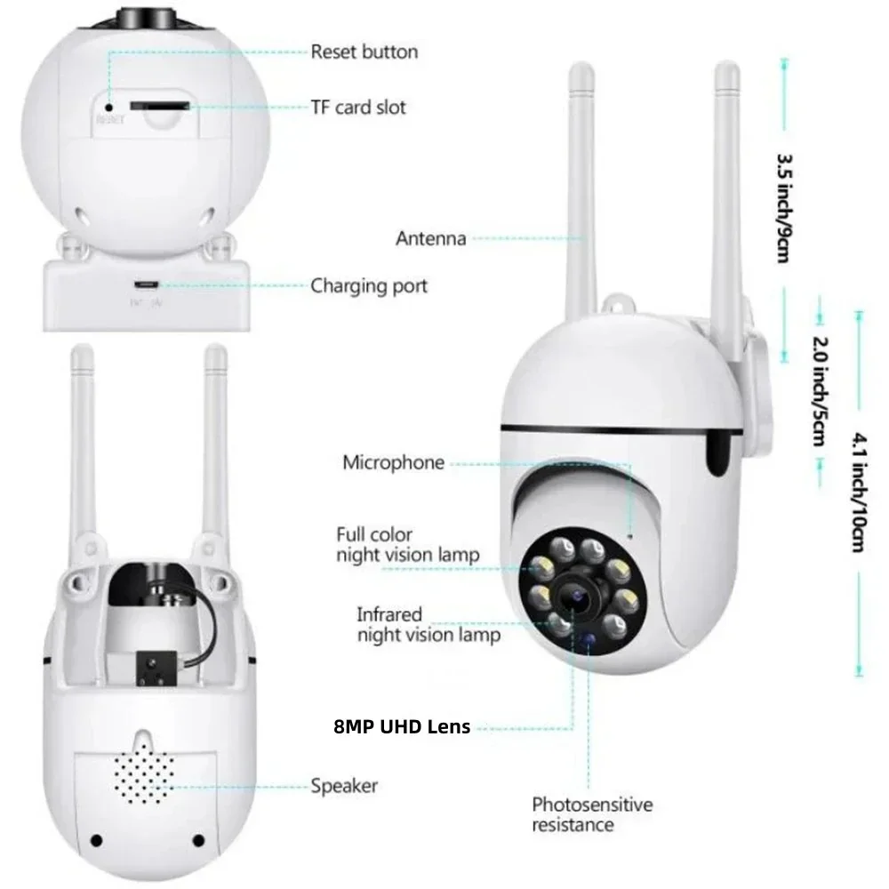 4K 8MP Wifi Surveillance Camera Wireless Security PTZ IP Camera Color Night Vision Motion Detection Auto Track Security Monitor