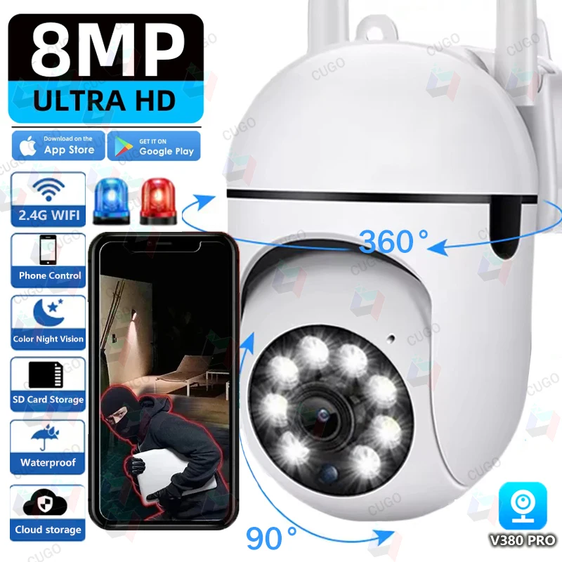4K 8MP Wifi Surveillance Camera Wireless Security PTZ IP Camera Color Night Vision Motion Detection Auto Track Security Monitor