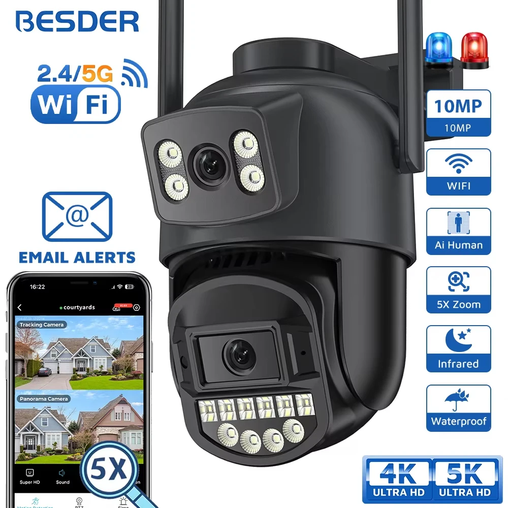 BESDER 5K 10MP Wifi Camera PTZ Outdoor AI Human Detection Dual Screen 4K 8MP CCTV Security IP Camera Audio Email Alarm O-Kam Pro