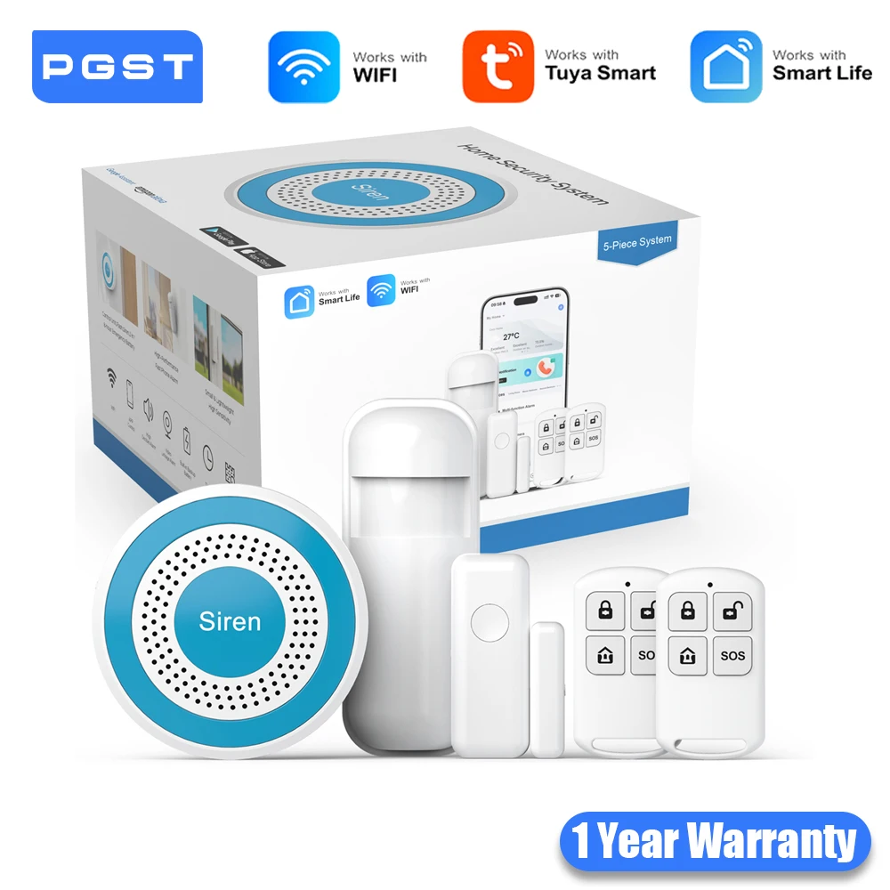 PGST WiFi Alexa Tuya Smart Life Home Alarm Security System Kit Home Automation Alarm Security Protection Door Motion Sensor