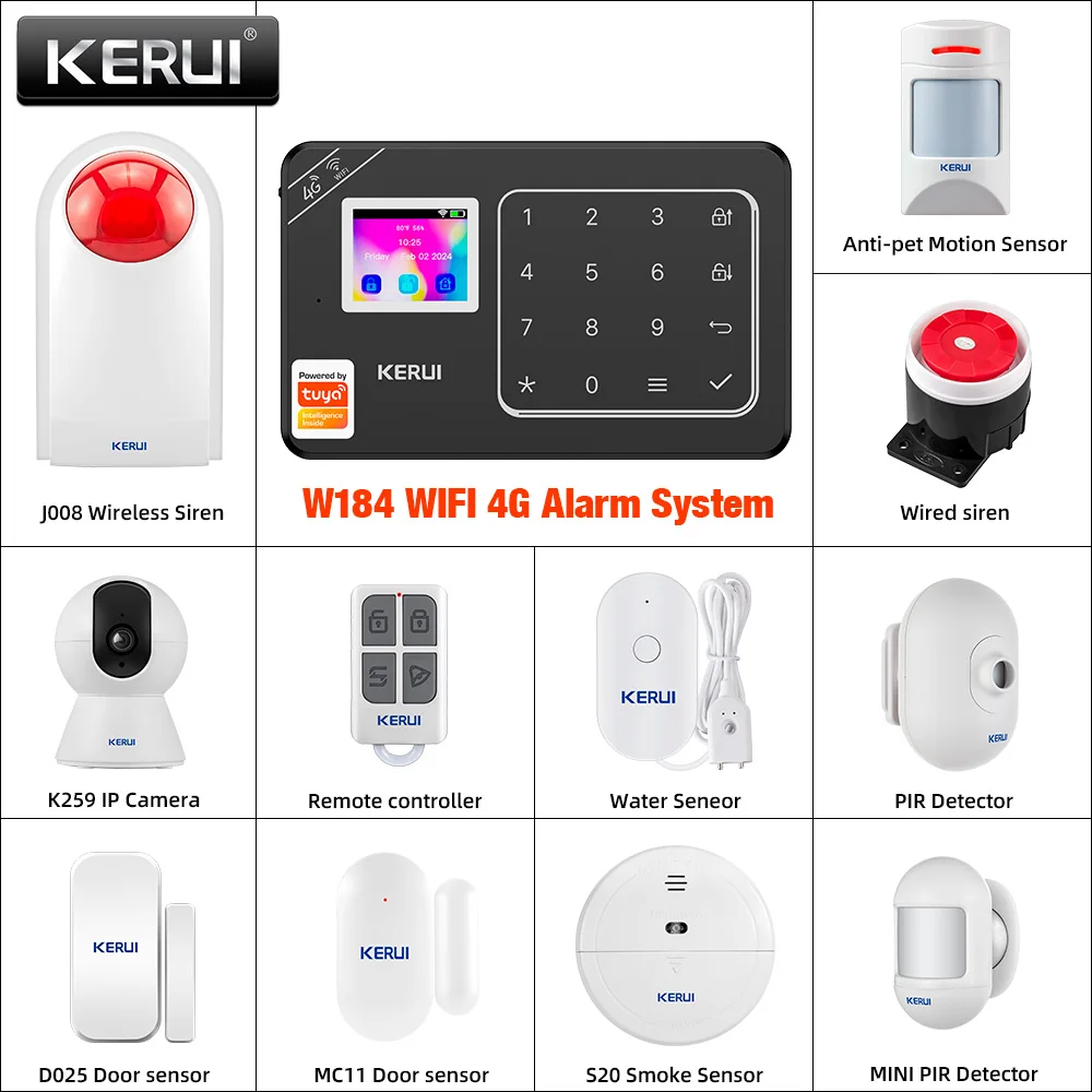 KERUI W184 Tuya Smart 4G /WiFi Burglar Alarm Alarm for Home Alarm Security System 433mhz Sensors Security Protection for House