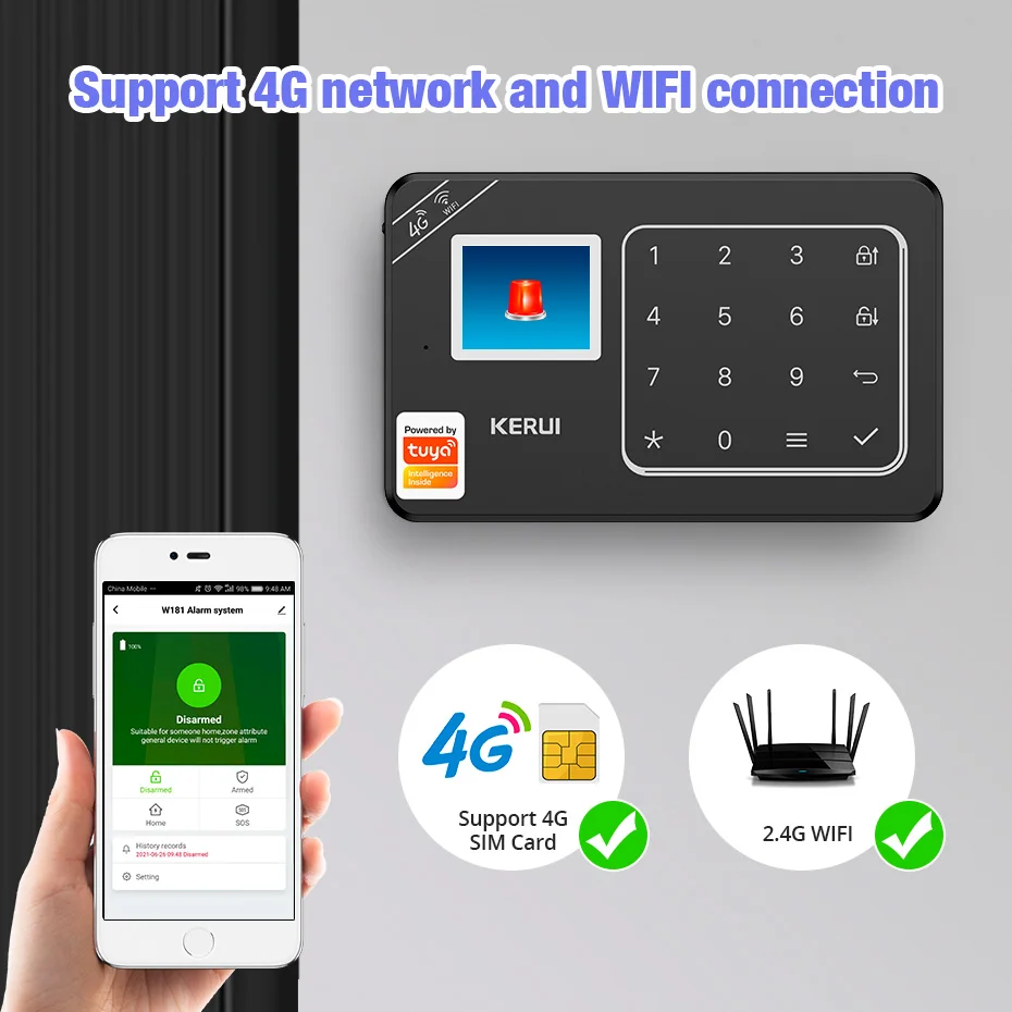KERUI W184 Tuya Smart 4G /WiFi Burglar Alarm Alarm for Home Alarm Security System 433mhz Sensors Security Protection for House