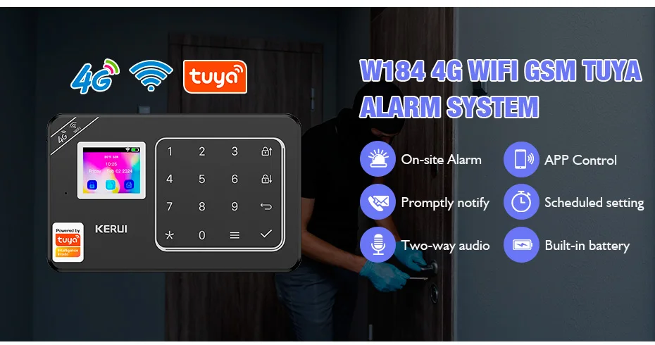 KERUI W184 Tuya Smart 4G /WiFi Burglar Alarm Alarm for Home Alarm Security System 433mhz Sensors Security Protection for House