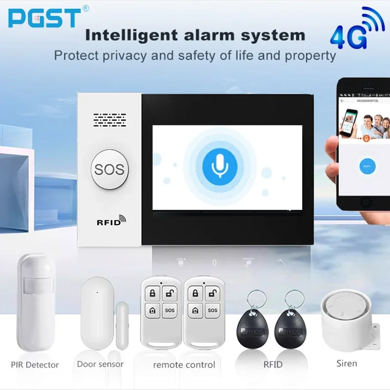 PGST Alarm Kit 4G Tuya New 107 Wireless Home Security System with Motion Detector Siren WiFi GSM Burglar Alarm Alexa & Google
