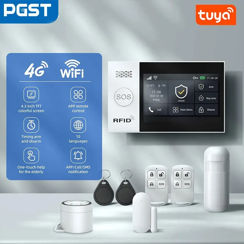 PGST 4G Tuya Wireless Home Security System 107 WiFi GSM Burglar Alarm with Motion Detector Siren Alexa & Google Home Compatible