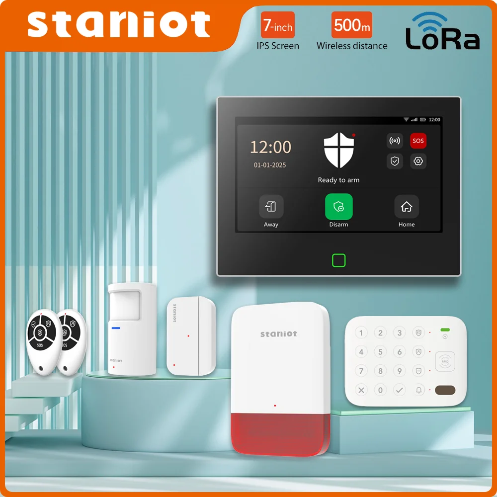 Staniot 7inch Lora Protection Kit WiFi 4G Tuya Smart Home Alarm System with 5000mAh Battery 500M Distance Works with Alexa