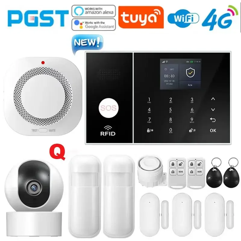 PGST PG108 Tuya Home Alarm System Smart Life APP Work Alexa Google WIFI 4G Wireless Safe Security for House 433MHz