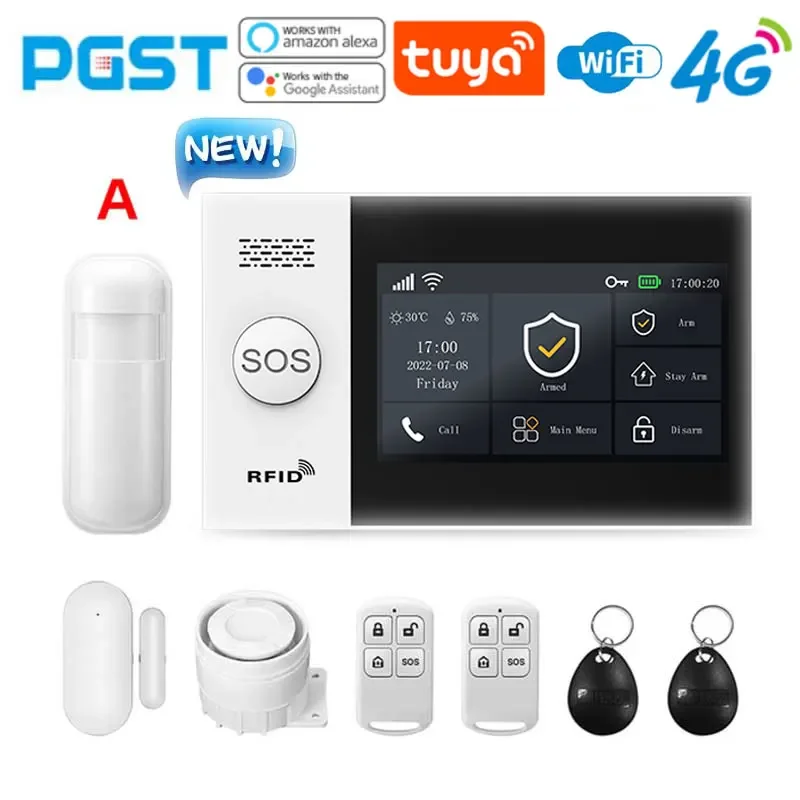 PGST PG-107 4G Tuya Wireless Home WIFI GSM Home Security With Motion Detector Sensor Burglar Alarm System Support Alexa & Google