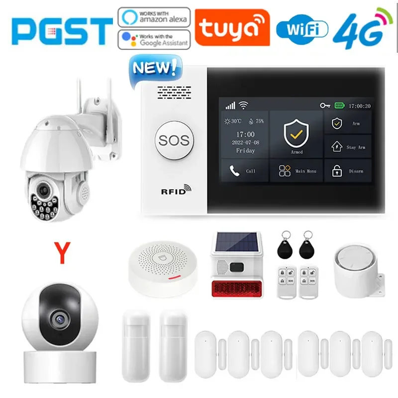 PGST PG-107 4G Tuya Wireless WIFI GSM Home Alarm System With Security Cameras Motion Door Detector Sensor Burglar Alexa & Google