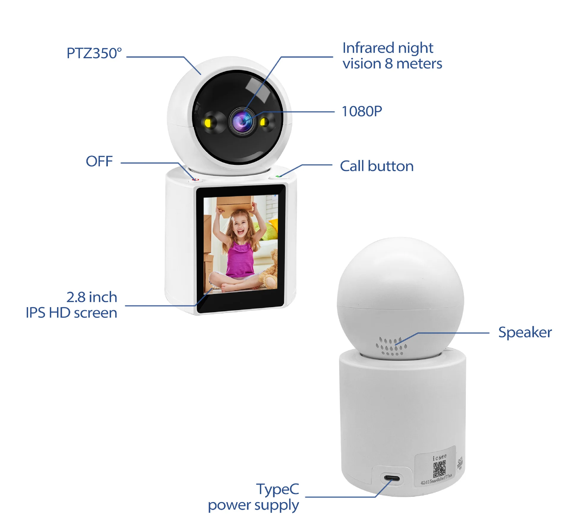 1080P PTZ Wifi Camera IP Indoor Two-Way Visual Call with 2.8 Inch IPS Screen Baby Monitor CCTV Video Surveillance P2P iCSee APP