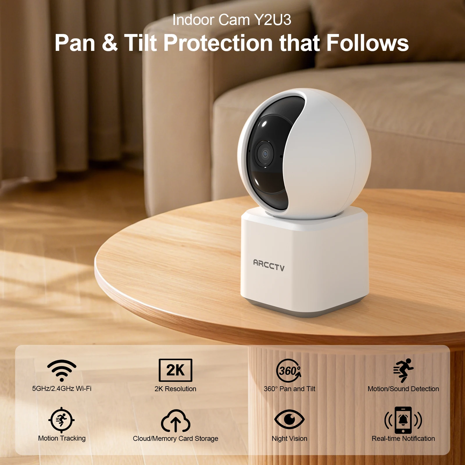ARCCTV 2K WiFi 5G Surveillance Baby Monitor Camera HD Two Way Talk IR Night Vision Security PTZ Camera 360° View Auto Tracking