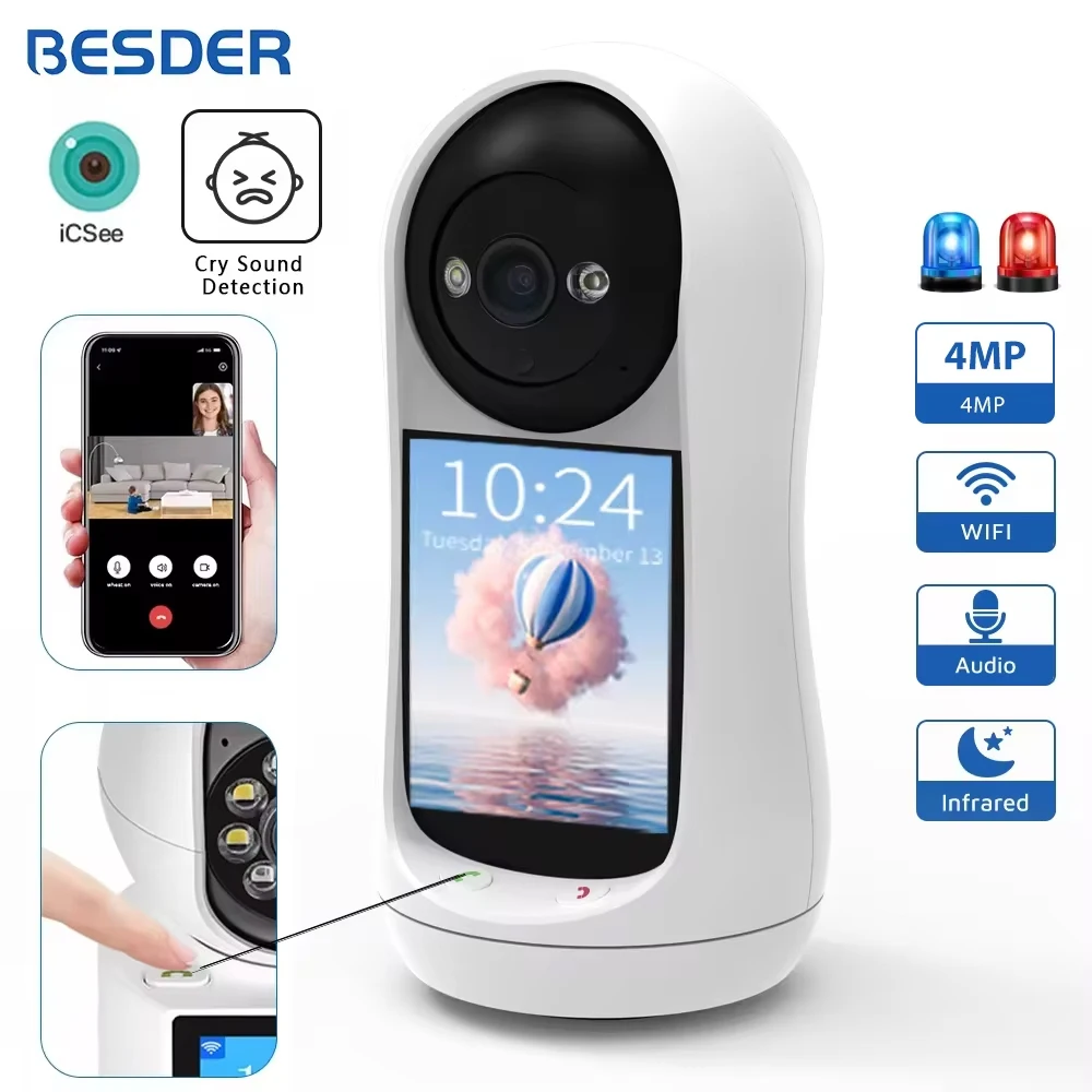 BESDER 4MP PTZ Wifi Camera Video Call with 2.8 Inch IPS Screen Baby Cry Sound Detection Security IP Camera Baby Monitor iCSee