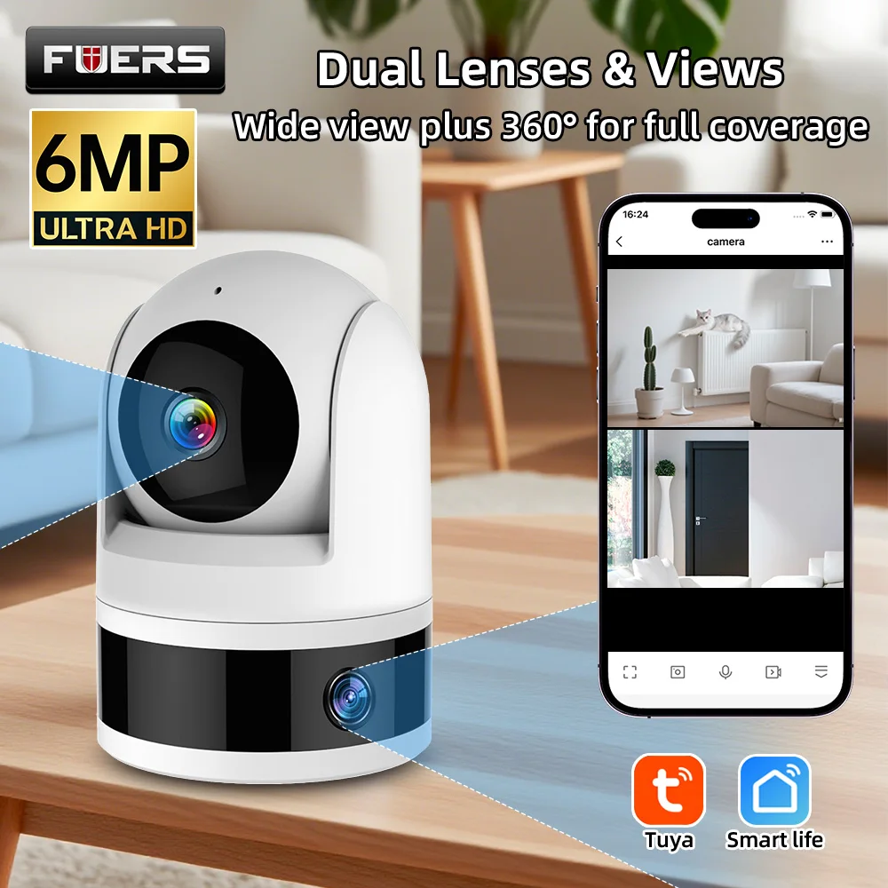 FUERS Dual Lens Tuya Smart Security Camera 3K 6MP Pet Dog Camera Baby Monitor AI Auto Detec Indoor Wireless WiFi IP Mini Camera