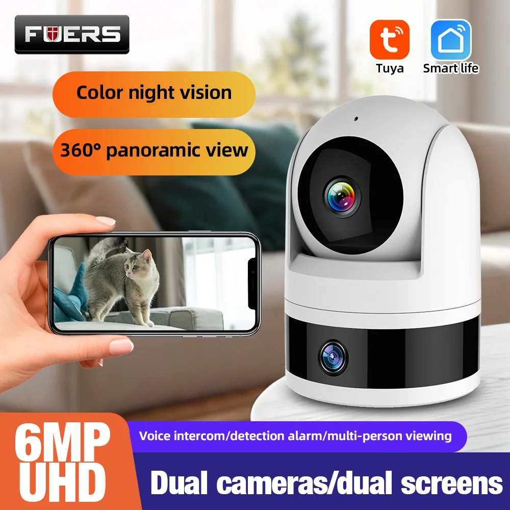 FUERS Dual Lens Tuya Smart Security Camera 3K 6MP Pet Dog Camera Baby Monitor AI Auto Detec Indoor Wireless WiFi IP Mini Camera