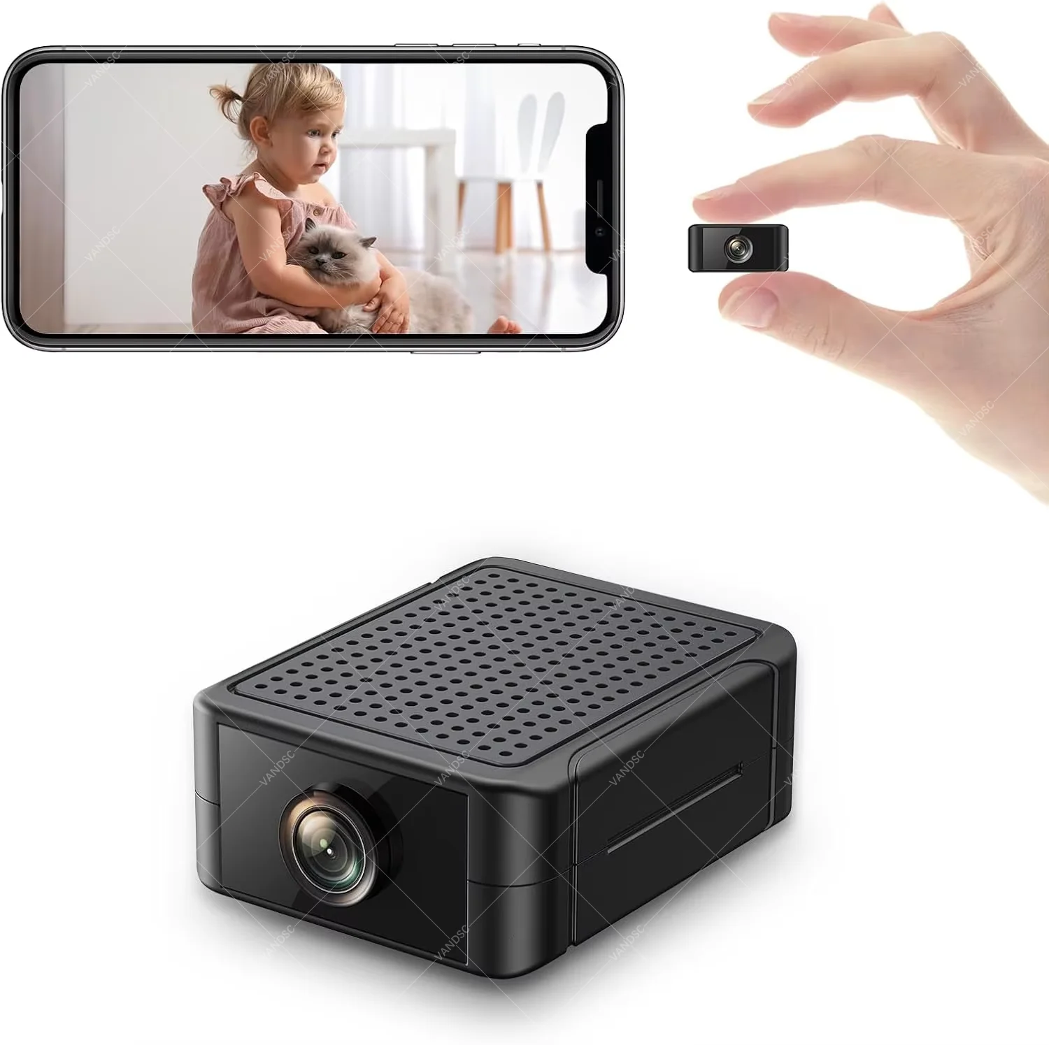 Indoor Security Mini Camera Night Vision HD 4H Battery Life Motion Detection Alerts SD Cloud Storage Phone App Control Baby Cam