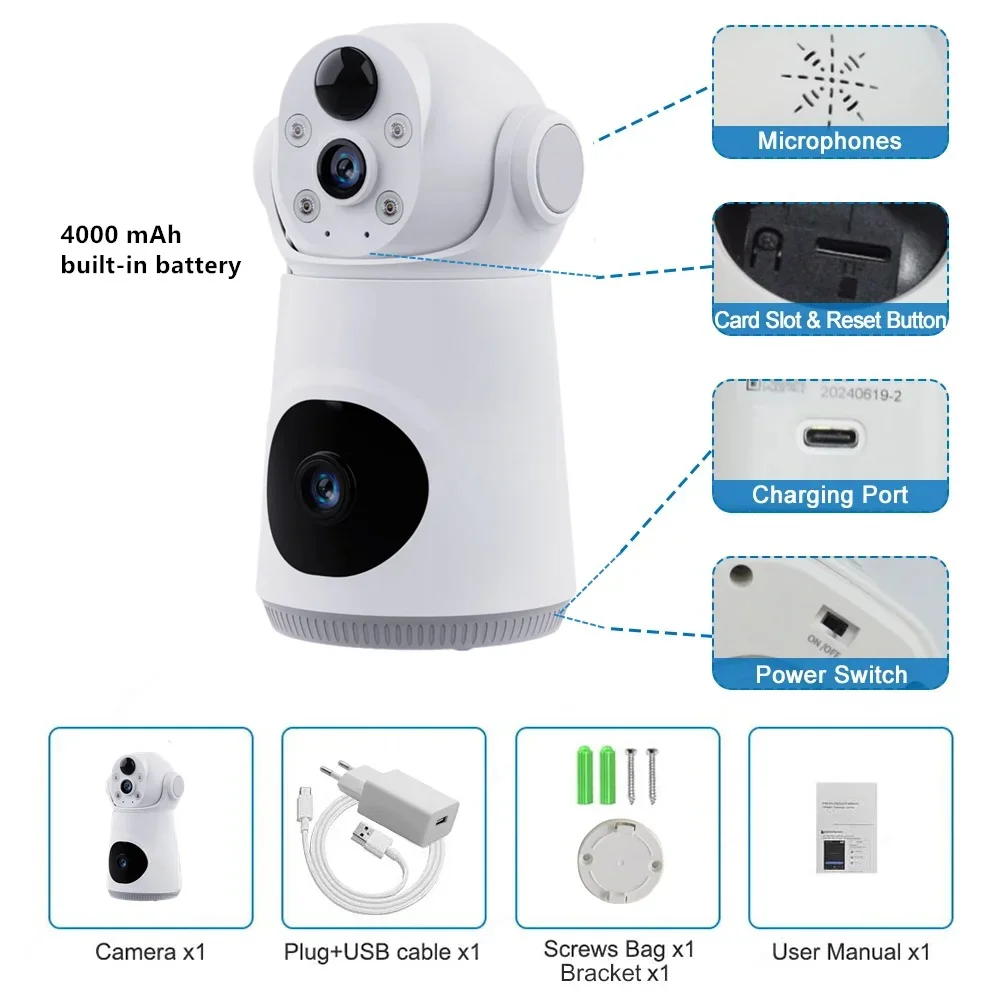 8MP 4K WiFi Camera Dual Lens Dual Screen Low Powered Battery indoor V380 Pro mini Camera Baby Monitor Night Vision Security CCTV