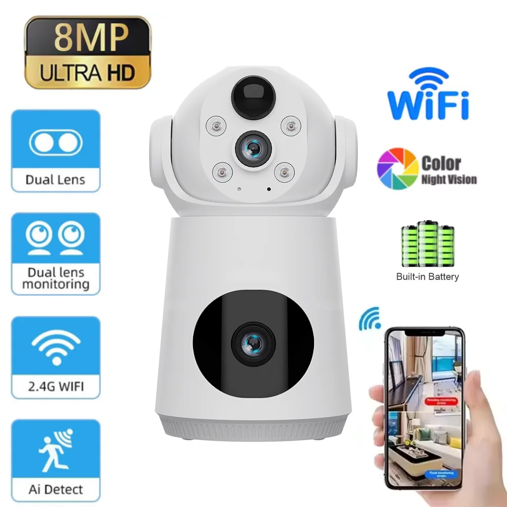 8MP 4K WiFi Camera Dual Lens Dual Screen Low Powered Battery indoor V380 Pro mini Camera Baby Monitor Night Vision Security CCTV