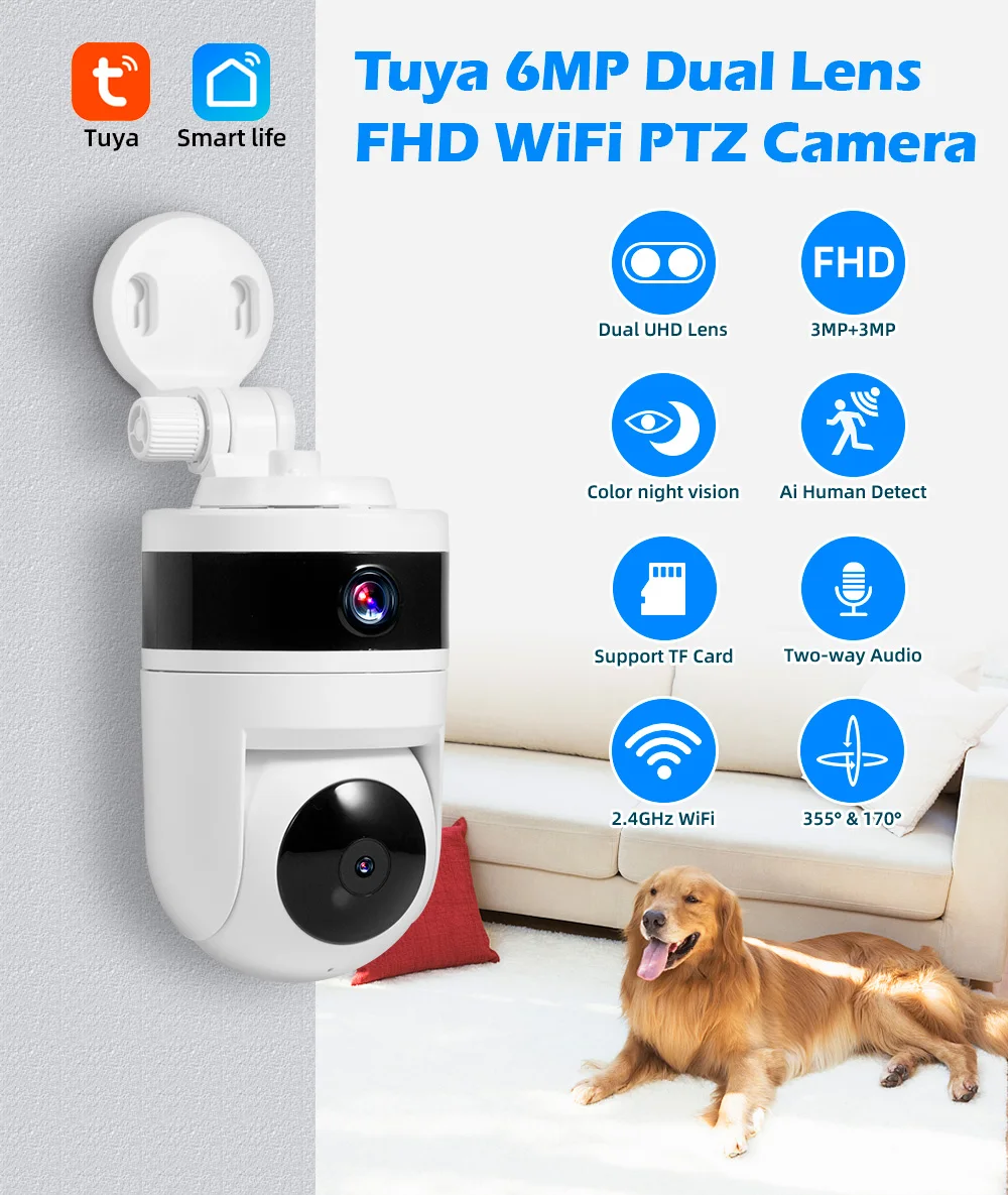 FUERS 3K 6MP Dual Lens Tuya Smart Security Camera Baby Monitor Pet Dog Camera With Bracket Indoor Wireless WiFi IP Mini Camera