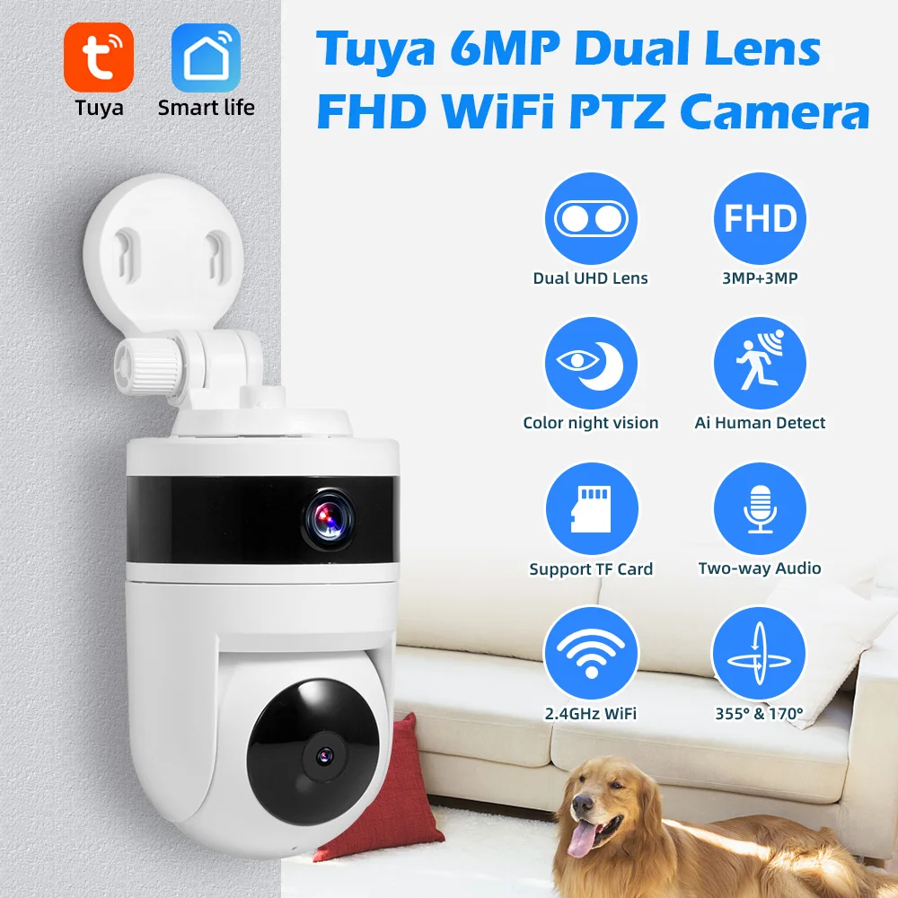 FUERS 3K 6MP Dual Lens Tuya Smart Security Camera Baby Monitor Pet Dog Camera With Bracket Indoor Wireless WiFi IP Mini Camera