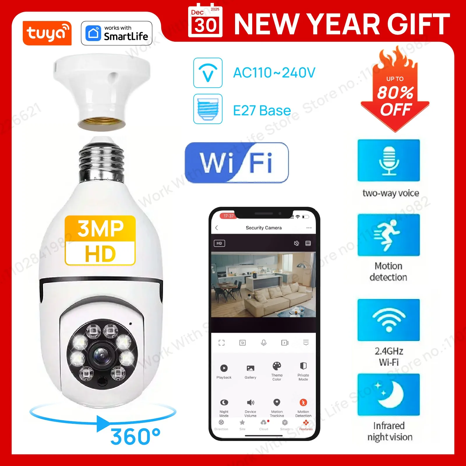 2.4G 3MP HD Tuya Smart E27 Security Camera for Home,Baby/Elder/Pet Camera 100-240V W/Phone App,Color Night Vision 2-Way Audio