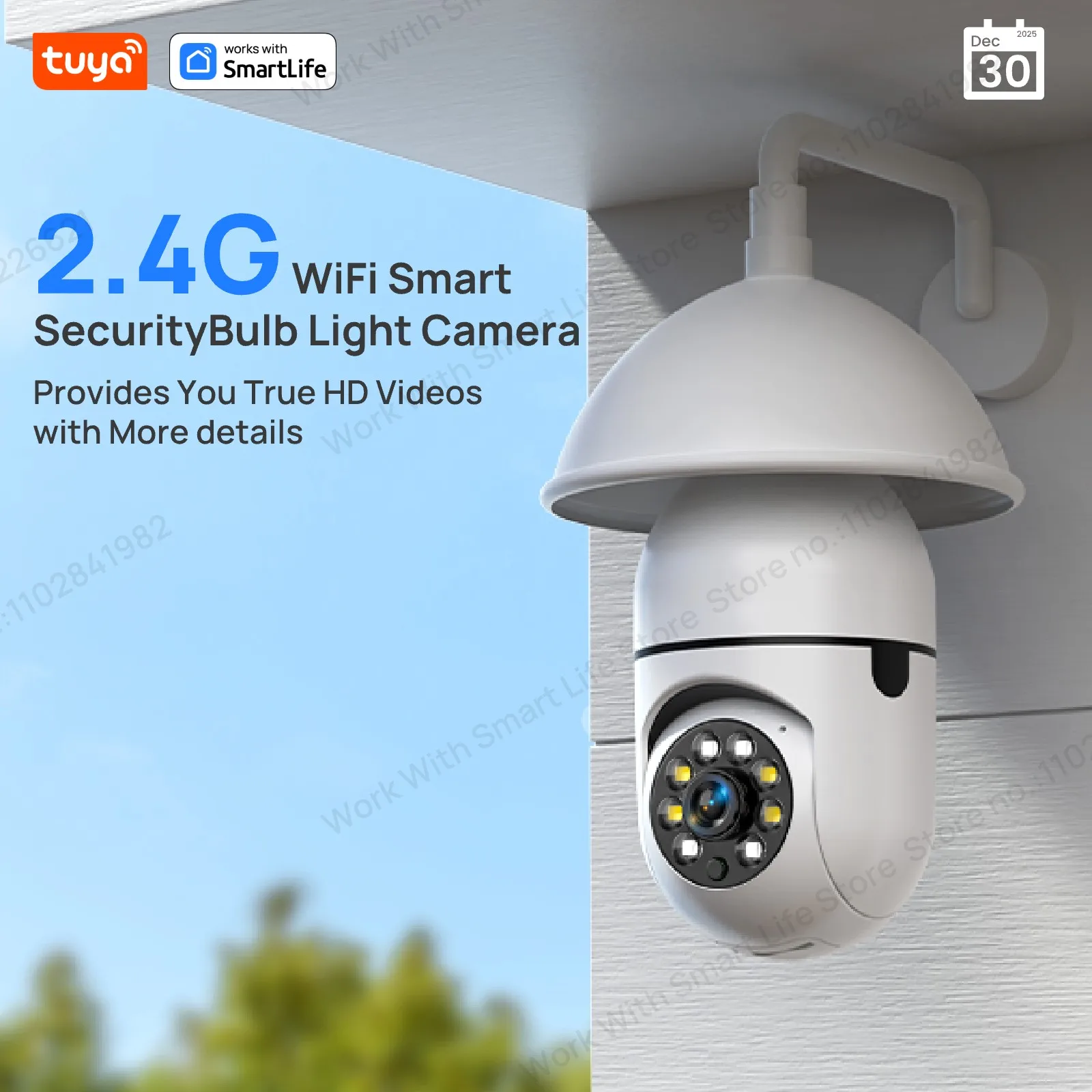 2.4G 3MP HD Tuya Smart E27 Security Camera for Home,Baby/Elder/Pet Camera 100-240V W/Phone App,Color Night Vision 2-Way Audio