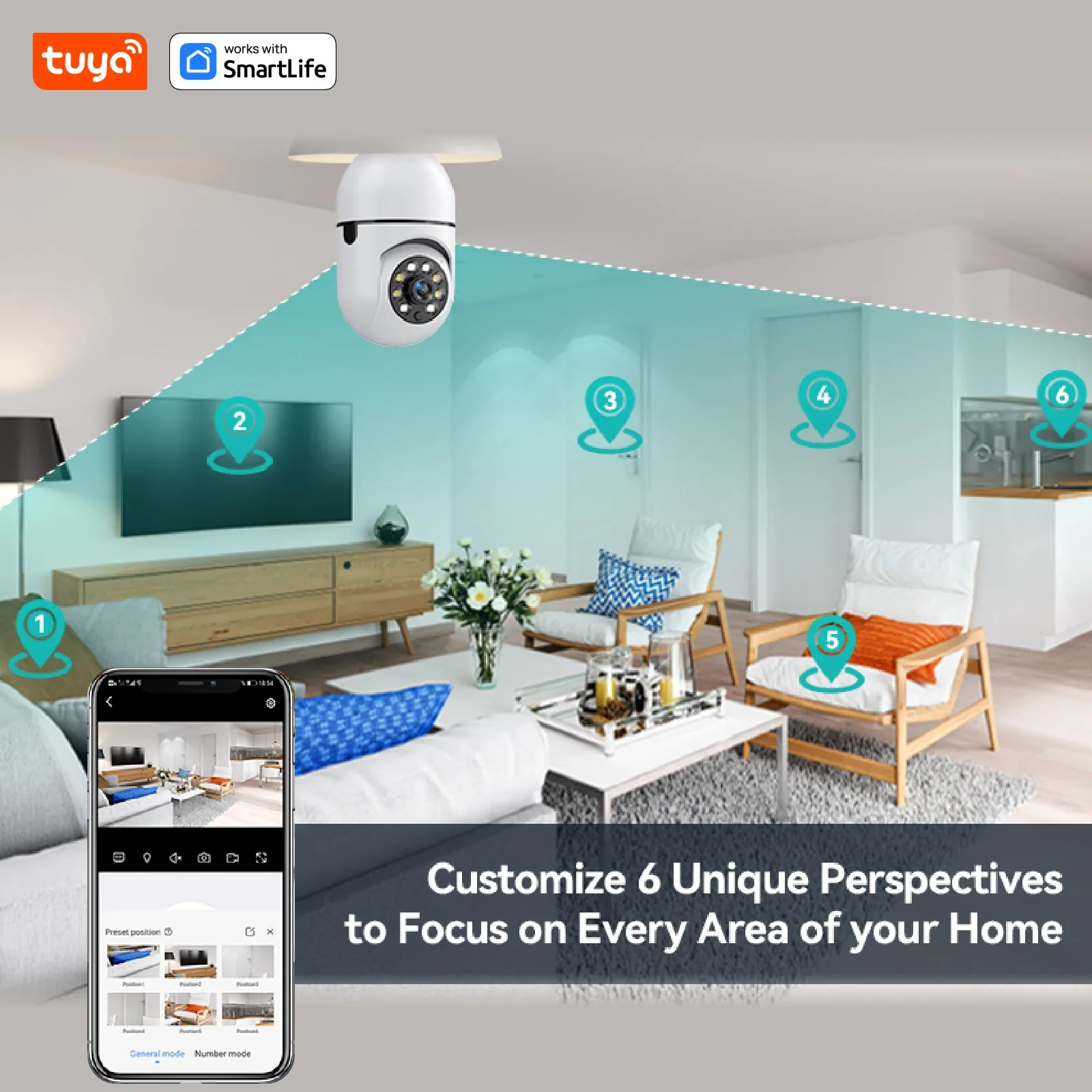 2.4G 3MP HD Tuya Smart E27 Security Camera for Home,Baby/Elder/Pet Camera 100-240V W/Phone App,Color Night Vision 2-Way Audio