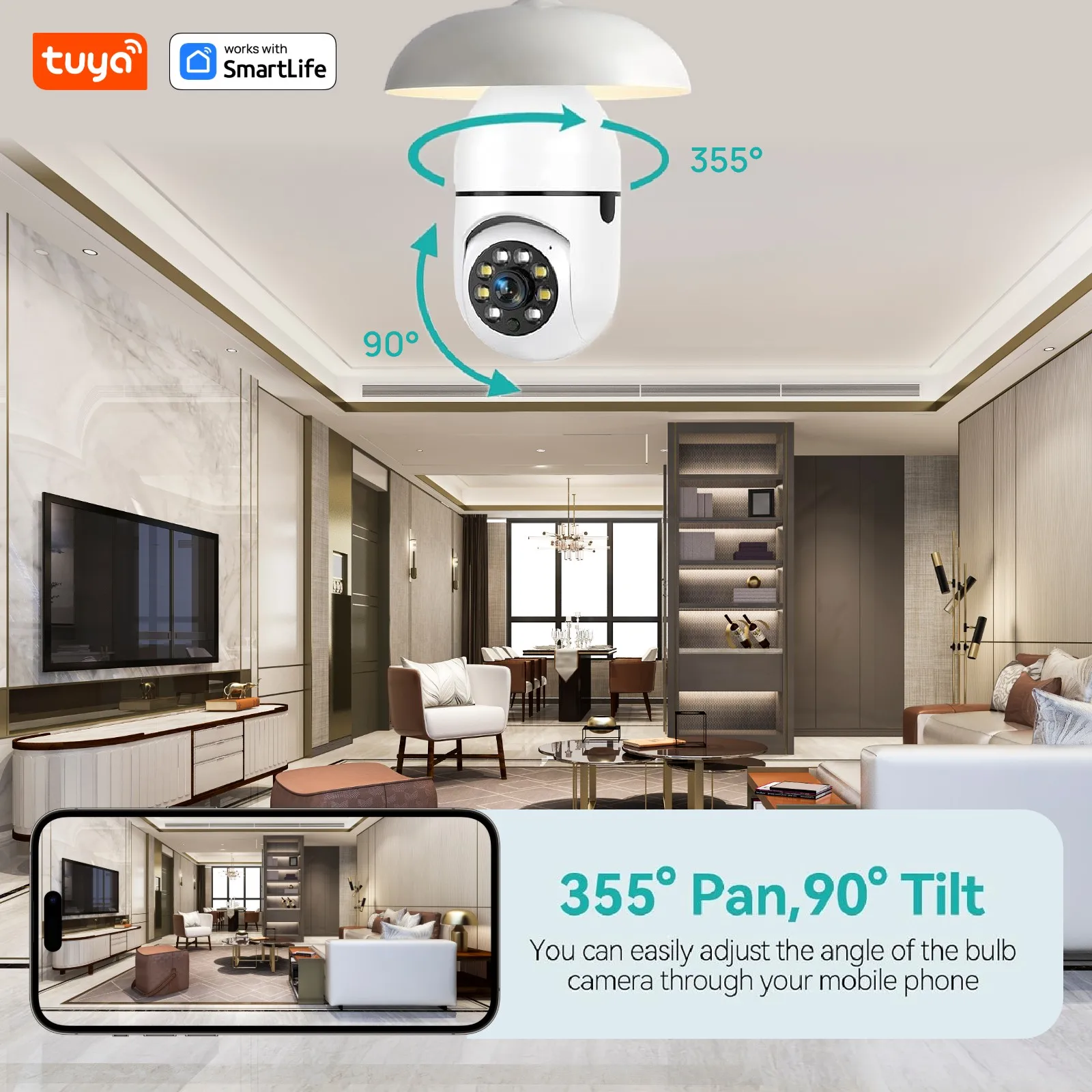 2.4G 3MP HD Tuya Smart E27 Security Camera for Home,Baby/Elder/Pet Camera 100-240V W/Phone App,Color Night Vision 2-Way Audio