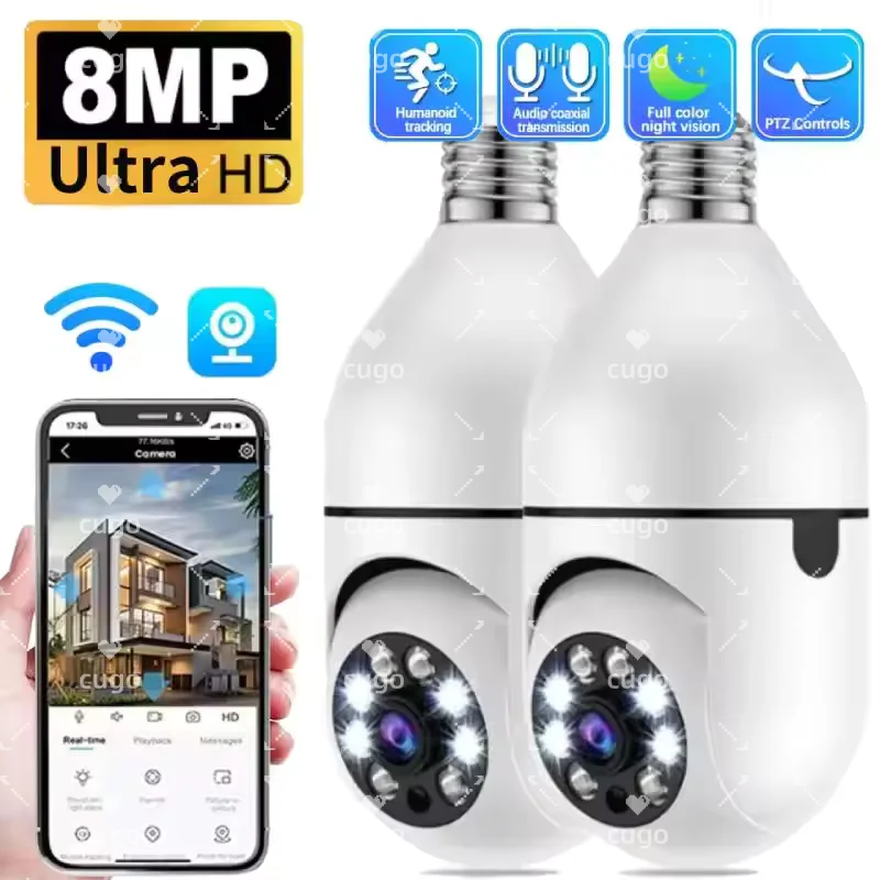 8MP E27 Bulb Camera Wifi IP Camera Wireless Surveillance PTZ CCTV Human Tracking Night Vision 10X Zoom Security Baby Monitor Cam