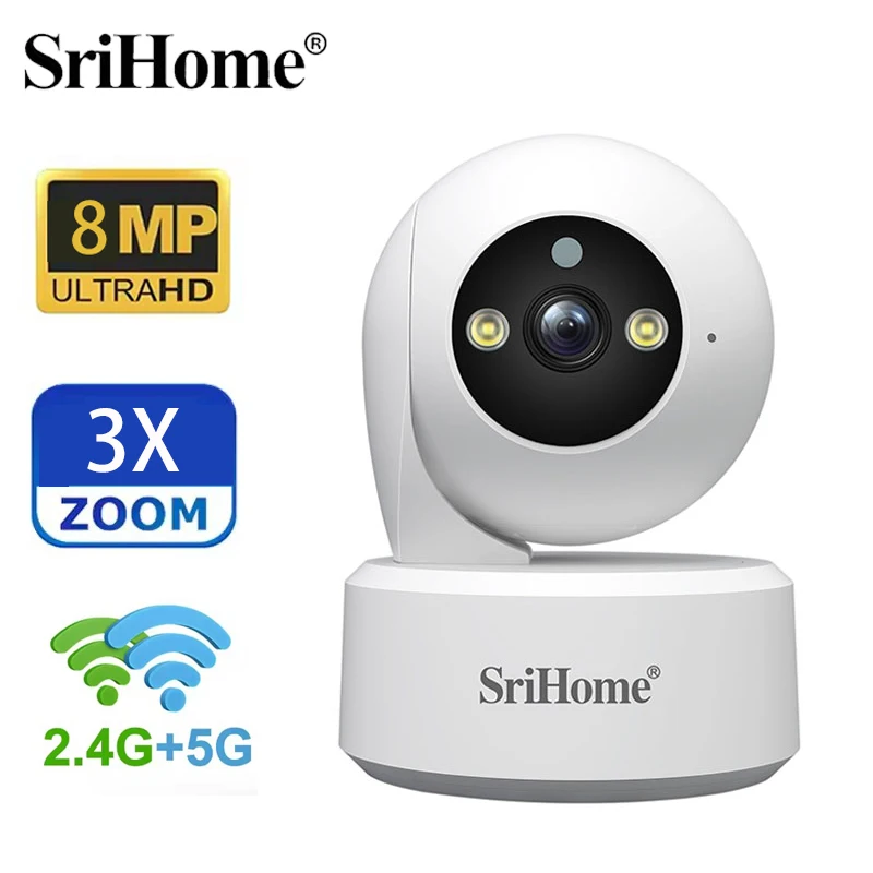 Srihome 5G WiFi Smart IP HD Camera 8MP AI Human Detect Color Night Vision Surveillance Camera Smart Life Baby Monitor Smart Home
