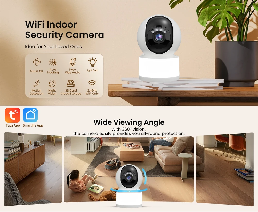5MP Tuya Smartlife Indoor Camera HD Color Night Vision Lighting Wireless WiFi Home Baby Monitor AI Human Tracking Two-Way Audio