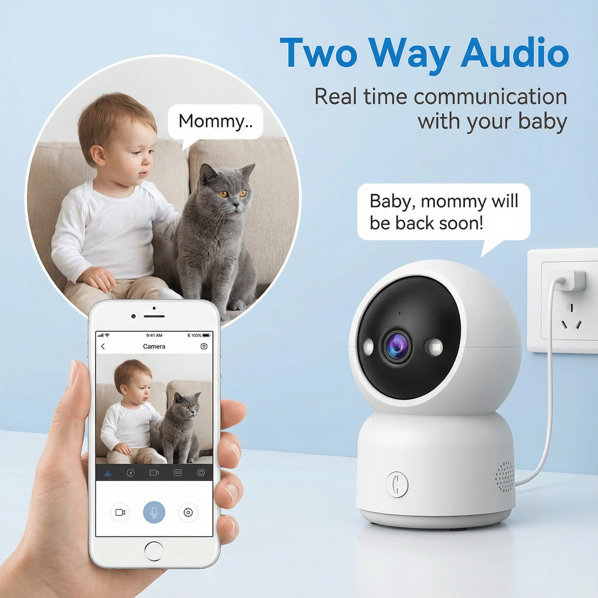 5MP Video PTZ Camera With One-Click Call Button Auto Tracking Full Color Night Vision Home Security Monitor for Elderly & Baby