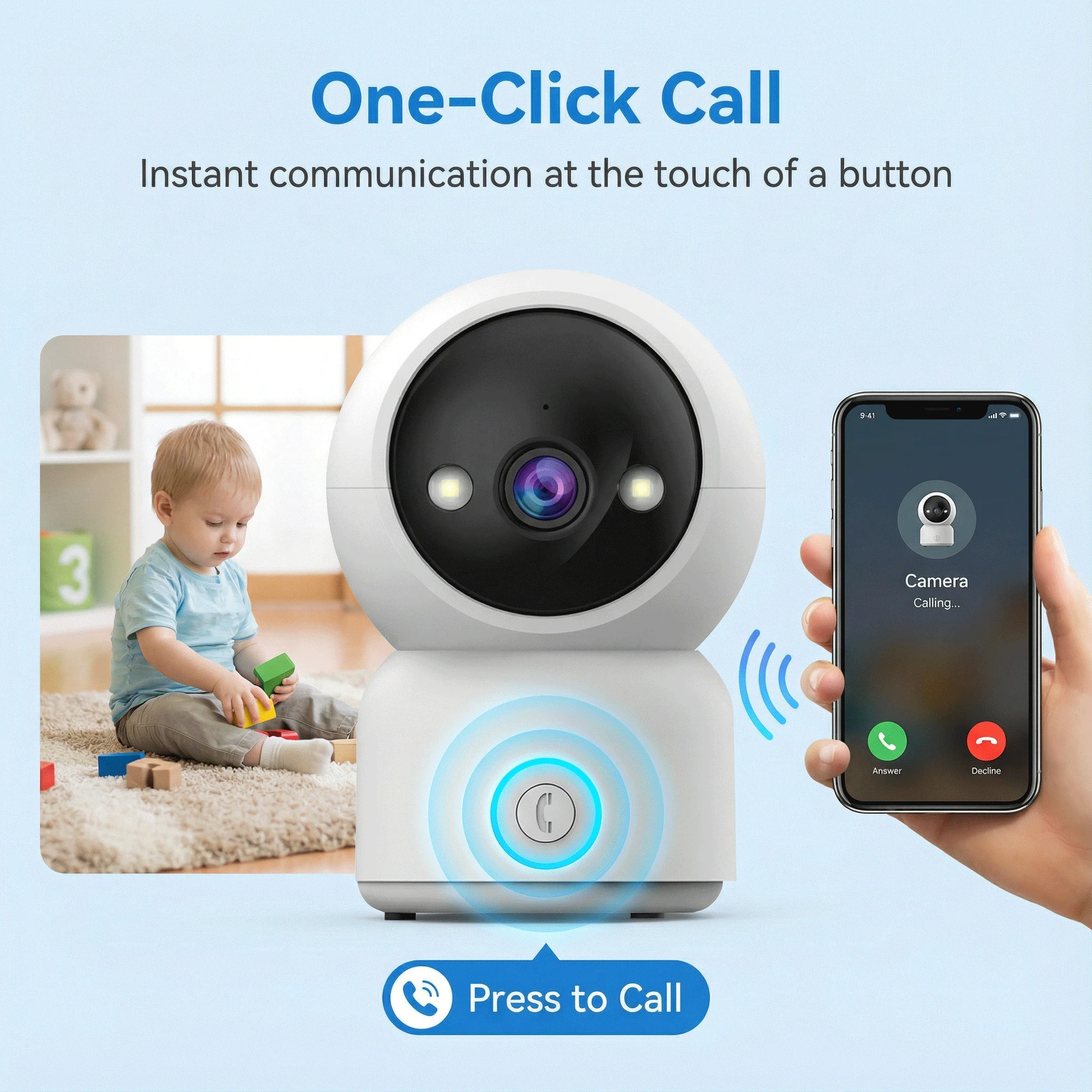5MP Video PTZ Camera With One-Click Call Button Auto Tracking Full Color Night Vision Home Security Monitor for Elderly & Baby