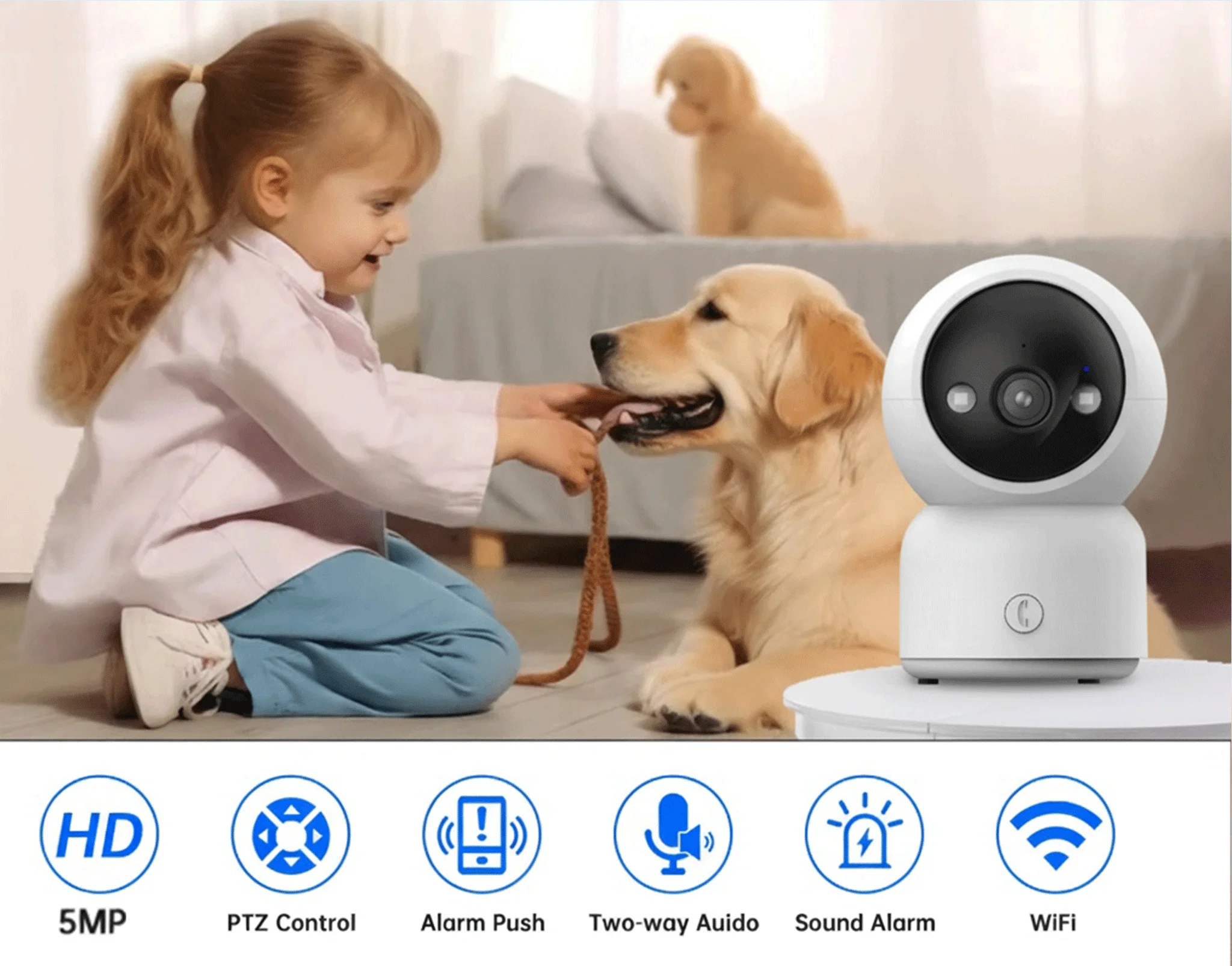 5MP Video PTZ Camera With One-Click Call Button Auto Tracking Full Color Night Vision Home Security Monitor for Elderly & Baby