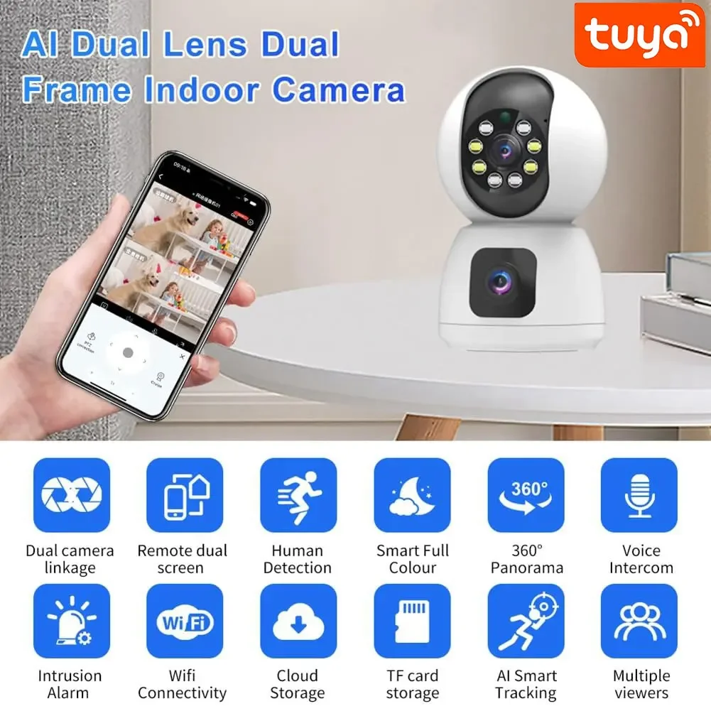 Tuya  4K 8MP HD WiFi Camera Indoor  Dual Screen Baby Monitor Color Night Vision Camera  PTZ Auto Tracking Home Security Camera