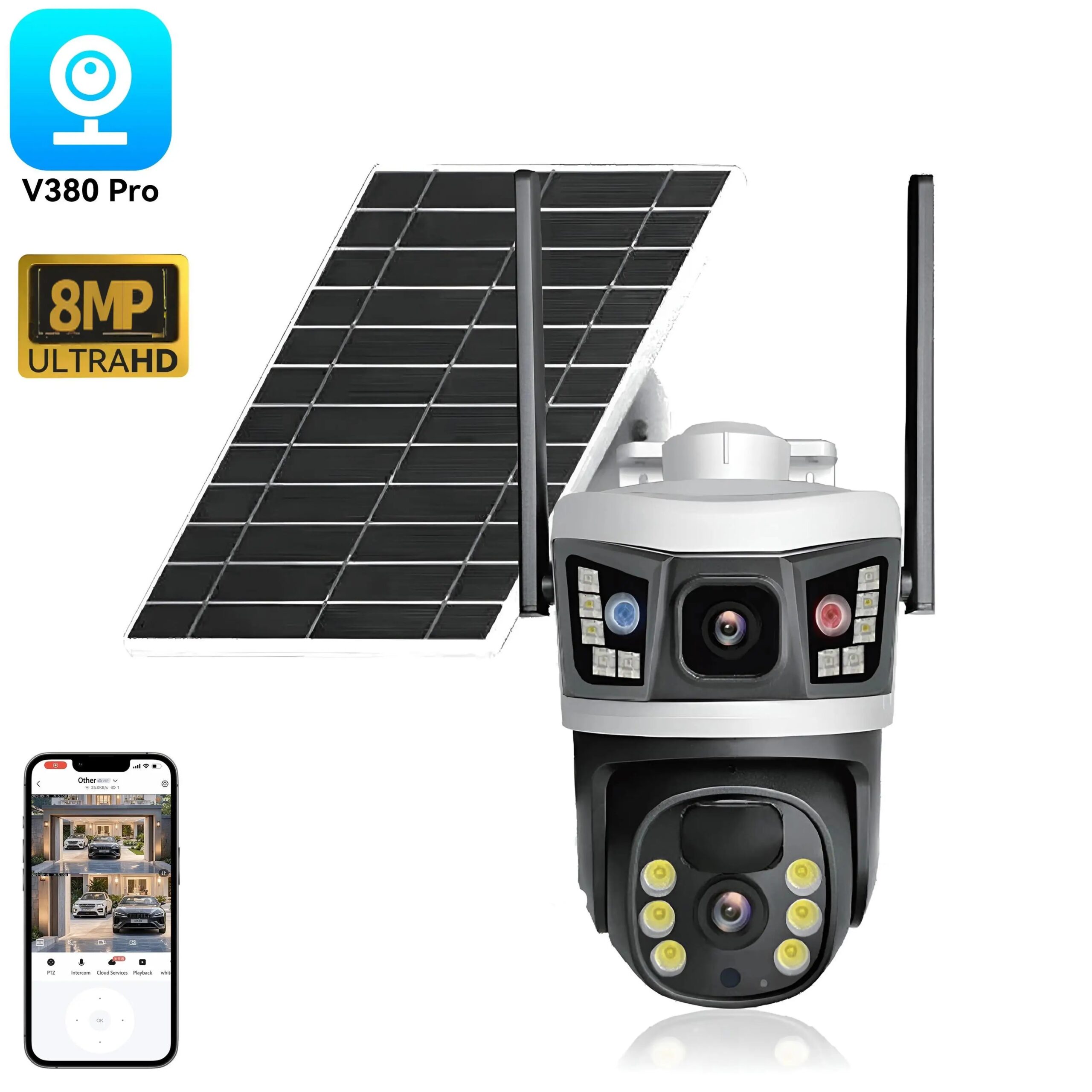 V380 WiFi Solar Digital Camera- Monitor Outdoor Dual Lens 10MP Security home wifi cameras With Red blue flashing warning light V380 WiFi Solar Digital Camera- Monitor Outdoor Dual Lens 10MP Security home wifi cameras With Red blue flashing warning light