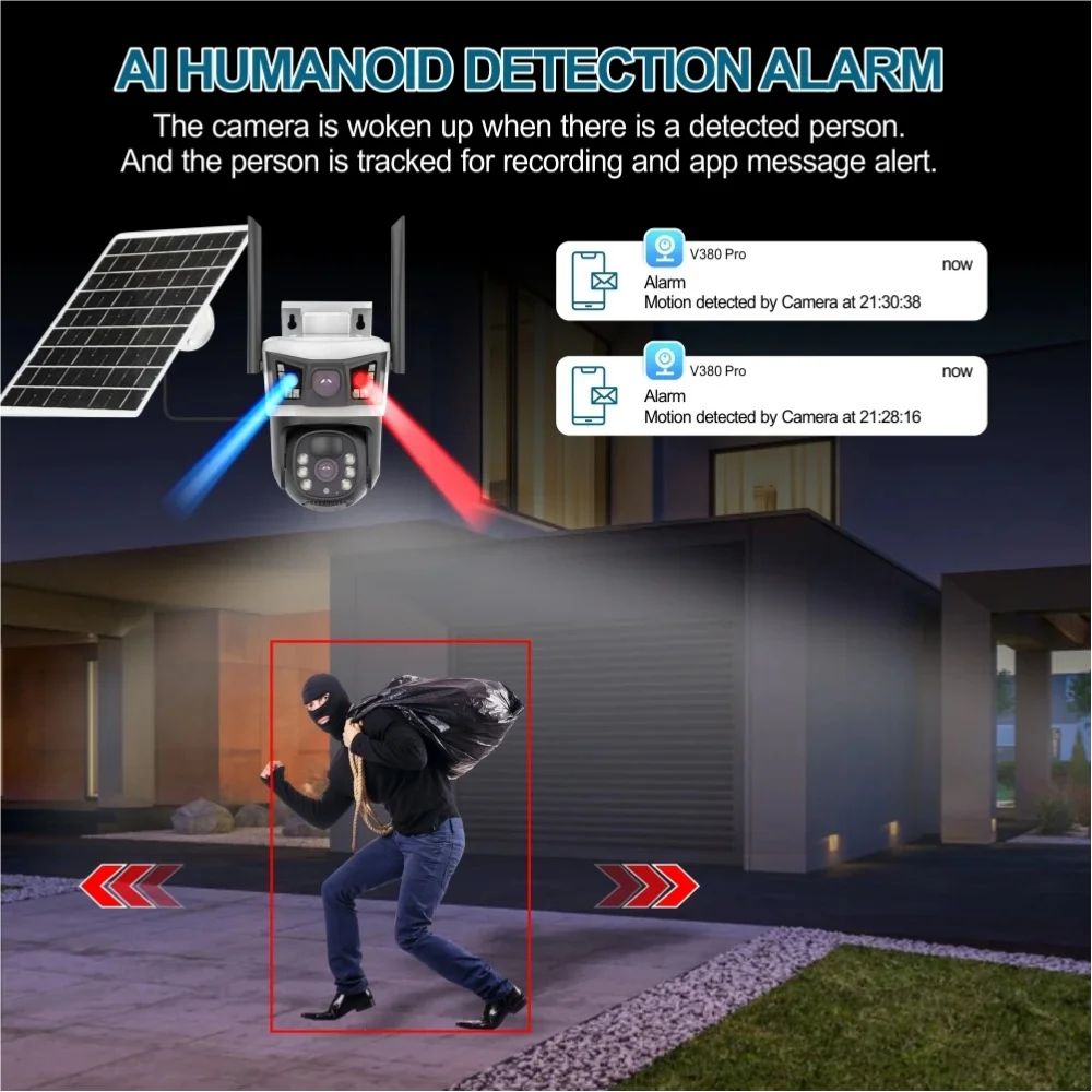 V380 WiFi Solar Digital Camera- Monitor Outdoor Dual Lens 10MP Security home wifi cameras With Red blue flashing warning light V380 WiFi Solar Digital Camera- Monitor Outdoor Dual Lens 10MP Security home wifi cameras With Red blue flashing warning light