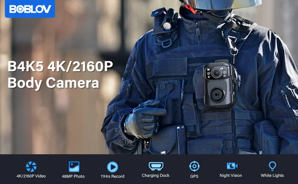 BOBLOV B4K5 4K Police Body Camera 256G GPS IR Night Vision IP68 for Patrol/Guard