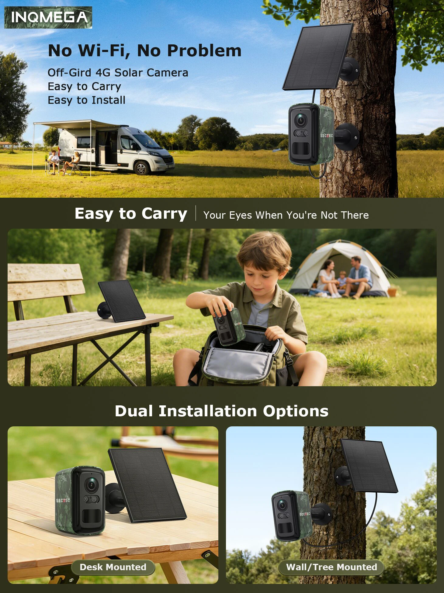 INQMEGA 5MP Solar 4G Camera Outdoor Surveillance Camouflage Color Security Mini  Camera PIR Detection Auto Tracking UBox APP