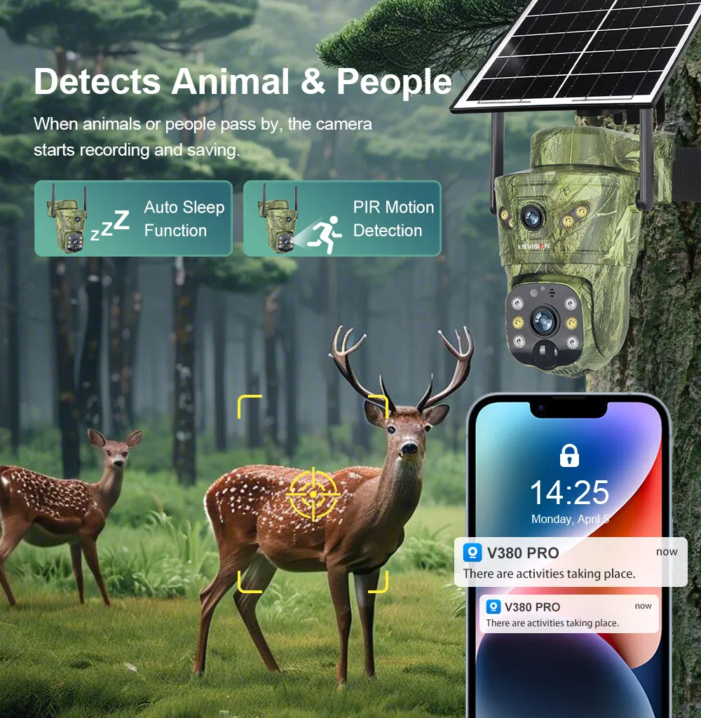 LS VISION 2 Lens 8MP 4G Solar Security Camera WiFi Wireless Outdoor Human/Animal AI Detection Waterproof Wildlife Cctv  Night