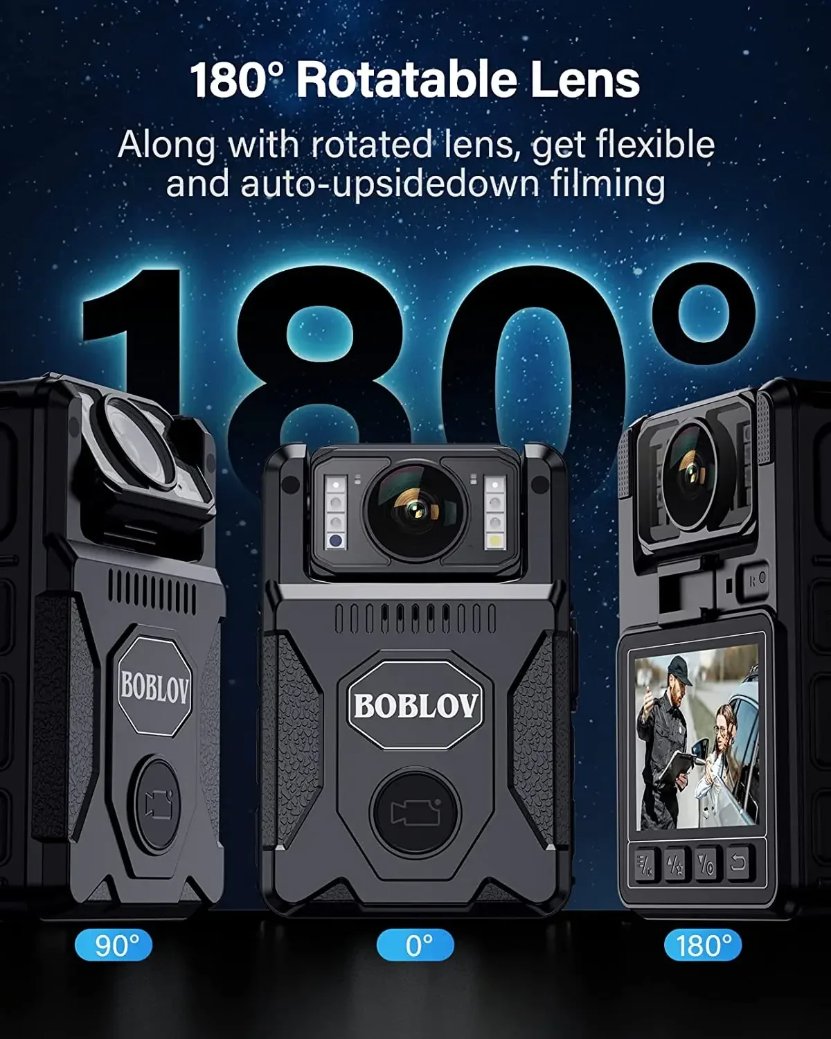 BOBLOV M7 256G Body Camera 180 Rotatable Lens GPS Body Cam Last 14 Hours Video Recording Police Body Worn Cam for Daily Shooting