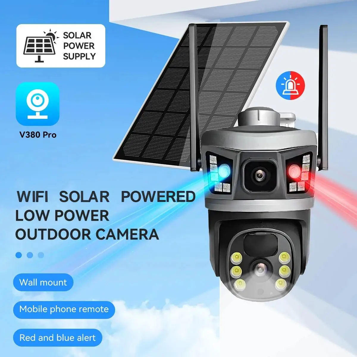 V380 WiFi Solar Security Digital Camera- Dual Lens, Outdoor Monitor, 10MP Home Wifi Cameras With Red blue flashing warning light